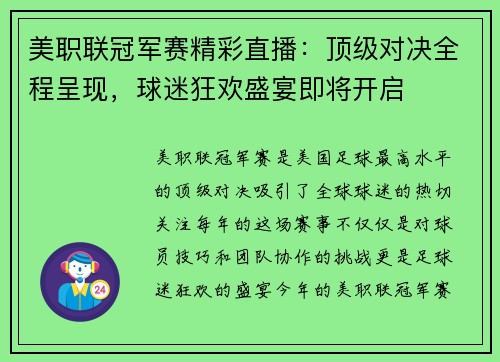 美职联冠军赛精彩直播：顶级对决全程呈现，球迷狂欢盛宴即将开启