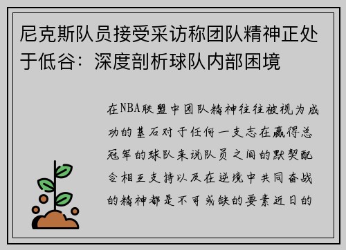 尼克斯队员接受采访称团队精神正处于低谷：深度剖析球队内部困境