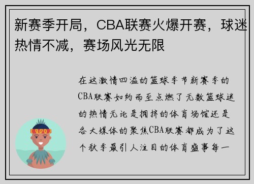 新赛季开局，CBA联赛火爆开赛，球迷热情不减，赛场风光无限