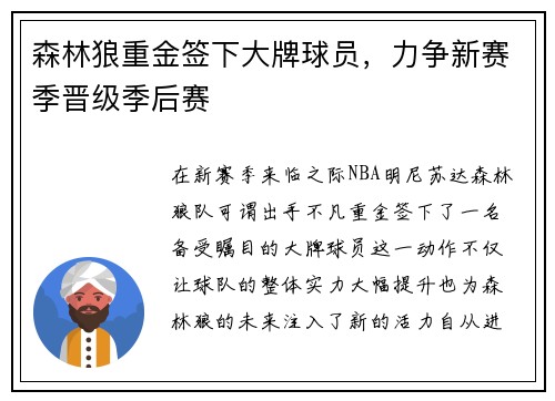 森林狼重金签下大牌球员，力争新赛季晋级季后赛